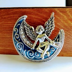 Brooch Crescent Moon Angel Ladies Pin Jewelry Vtg